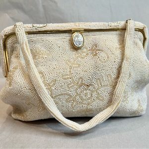 Vintage White Beaded Evening Bag Wedding Clutch Handbag Formal Handbeaded Prom